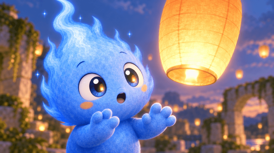 Close on Blue, a paper lantern glowing in his eyes
