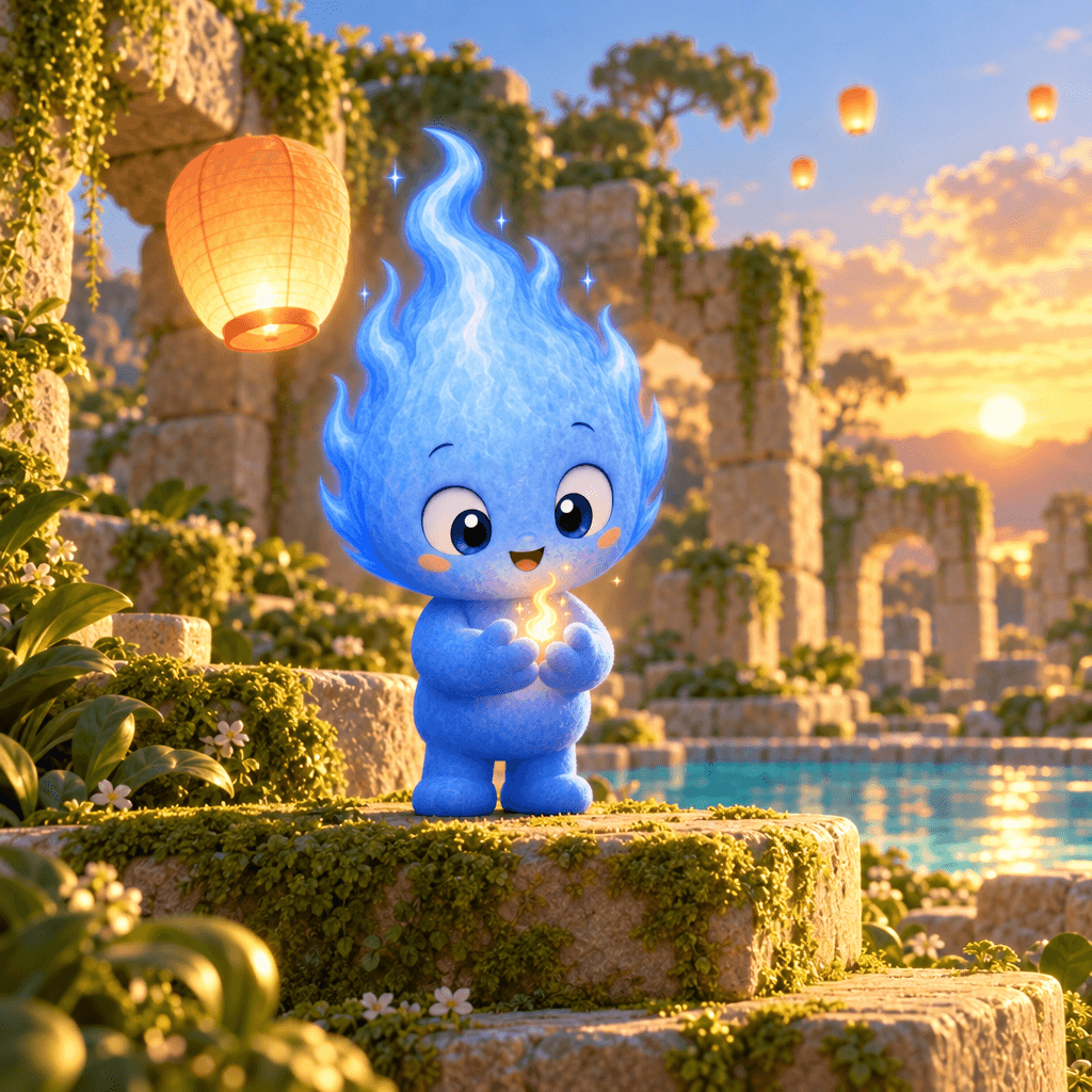 Blue catches a drifting ember on the ruins at golden hour, Sparkverse Toybrick style
