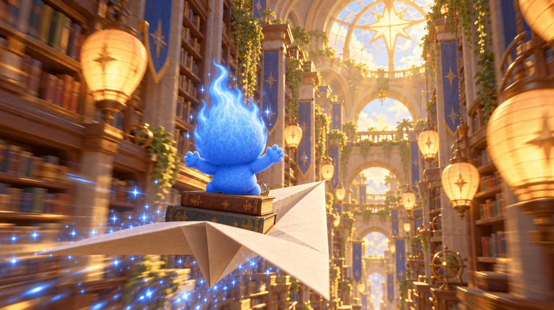 Blue rides the paper airplane down the library aisle